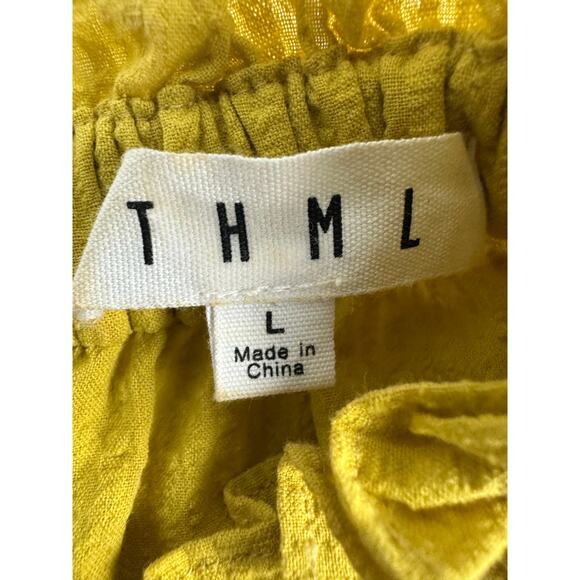 THML Size Large Embroidered Ruffled Mock Neck Top Boho Puff Sleeves Yellow - Picture 7 of 10